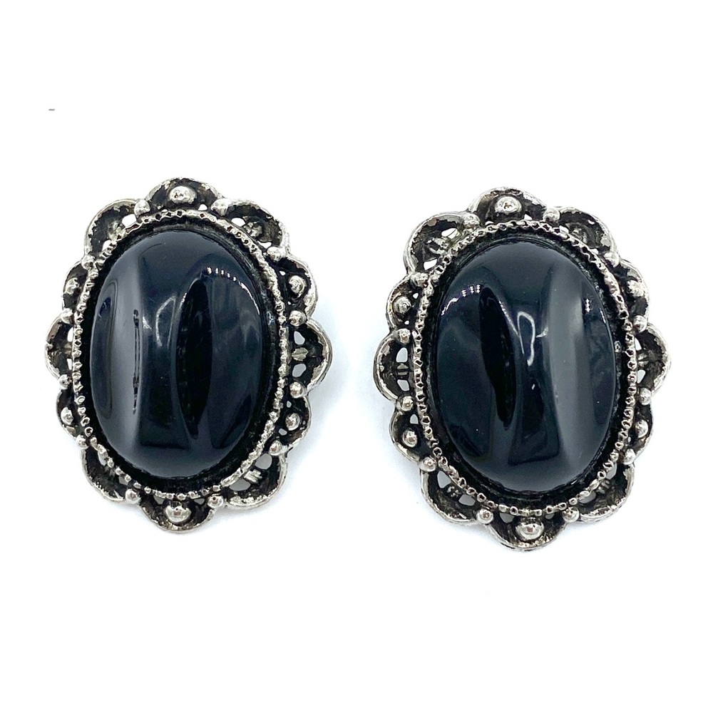 Vintage Large Black and Silver Tone Clip On Earrings • Estate Jewelry